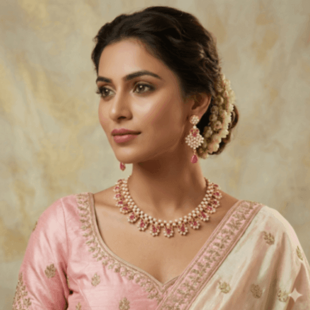 Elegant Gold-TToned Pearl & Ruby Choker Necklace Set with Matching Earrings