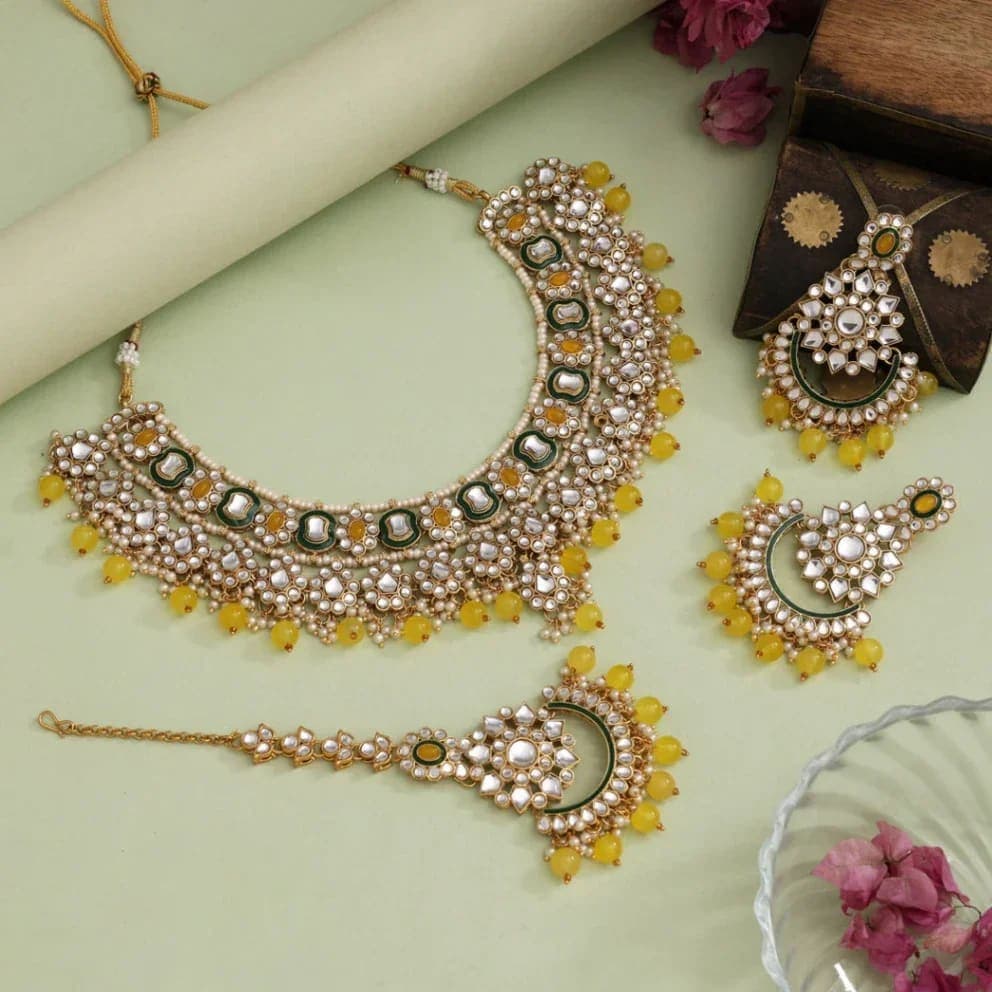 Radiant Yellow Kundan & Meenakari Jewellery Set